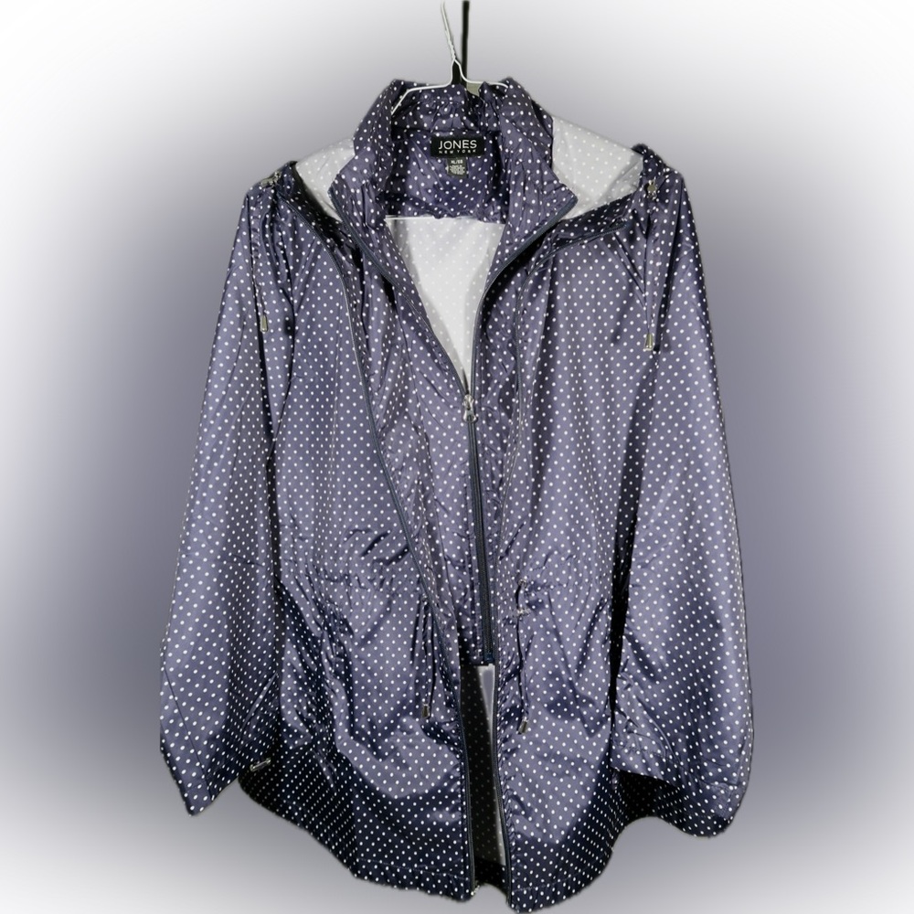 Jones New York Hooded Windbreaker Dark Blue with Polka Dots Double Zipper XL